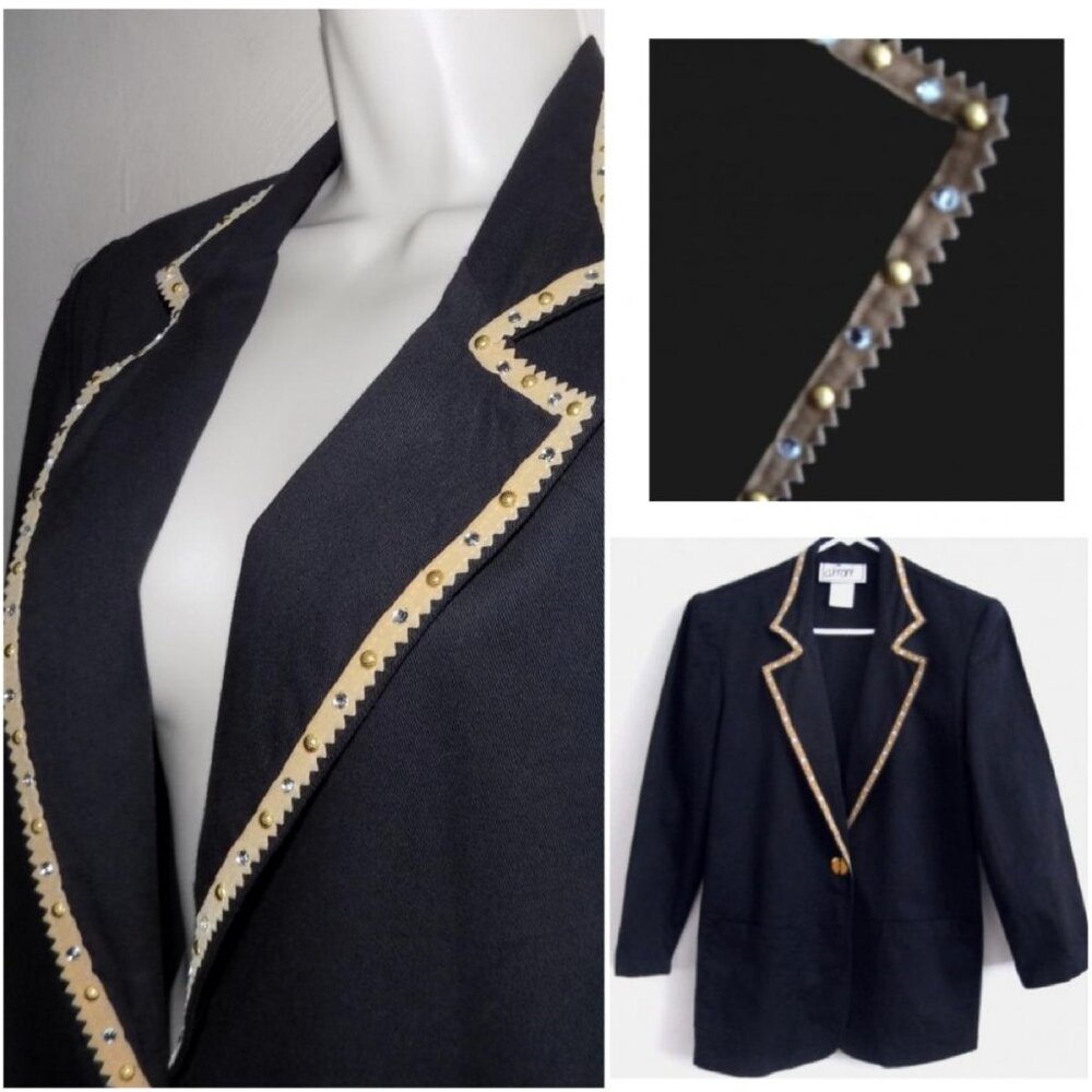 Embellished navy blazer 8 Pure cotton Gold Silver Pockets USA Blue Jacket Bling
